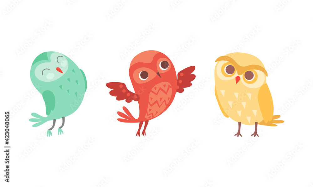 Funny Owlet with Big Eyes as Comic Nocturnal Bird Vector Set