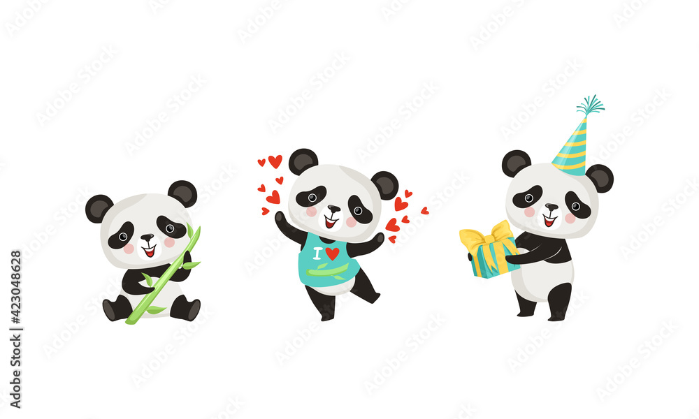 Happy Little Panda Holding Bamboo Stick and Wrapped Gift Box Vector Set Happy Little Panda Holding Bamboo Stick and Wrapped Gift Box Vector Set
