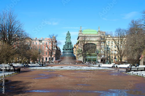 SAINT PETERSBURG, Russia-MARCH 2021: View of the Catherine Garden and the Eliseevsky Shop in Saint Petersburg, Russia