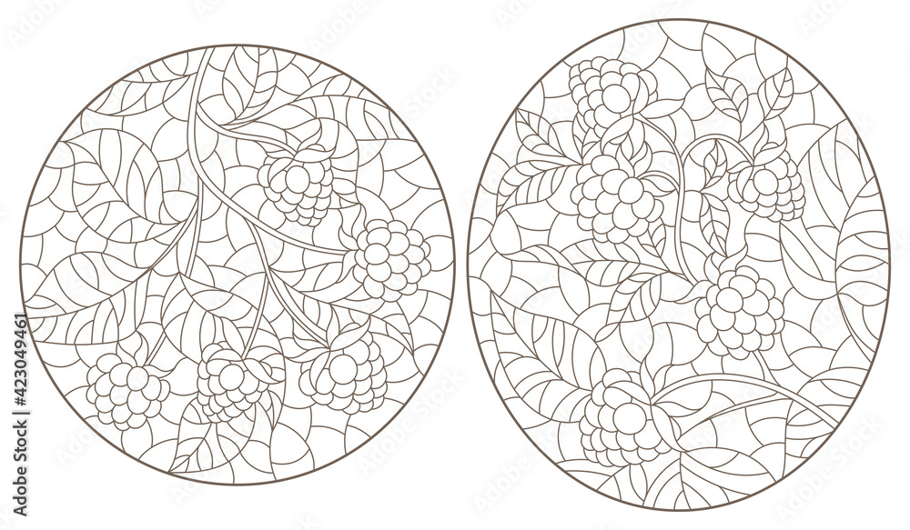 Set of contour illustrations of stained glass windows with branches with berries and leaves, dark outlines on a white background, oval images