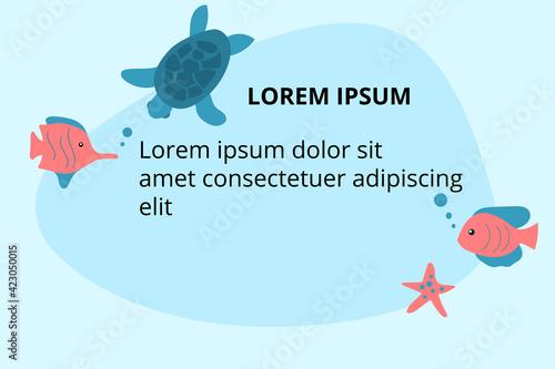 Background for text descriptions with sea animals - starfish, turtle and fishes. Vector template for banners, web, flyers, etc