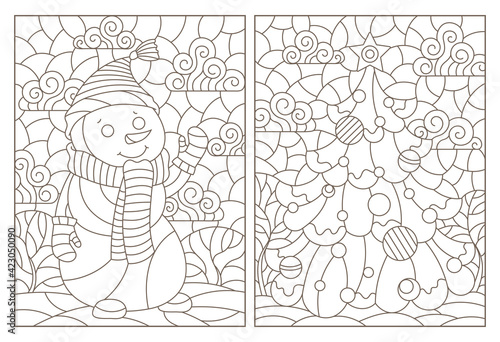 A set of contour illustrations in a stained glass style on the theme of New Year's holidays with a snowman and a Christmas tree, dark outlines on a white background