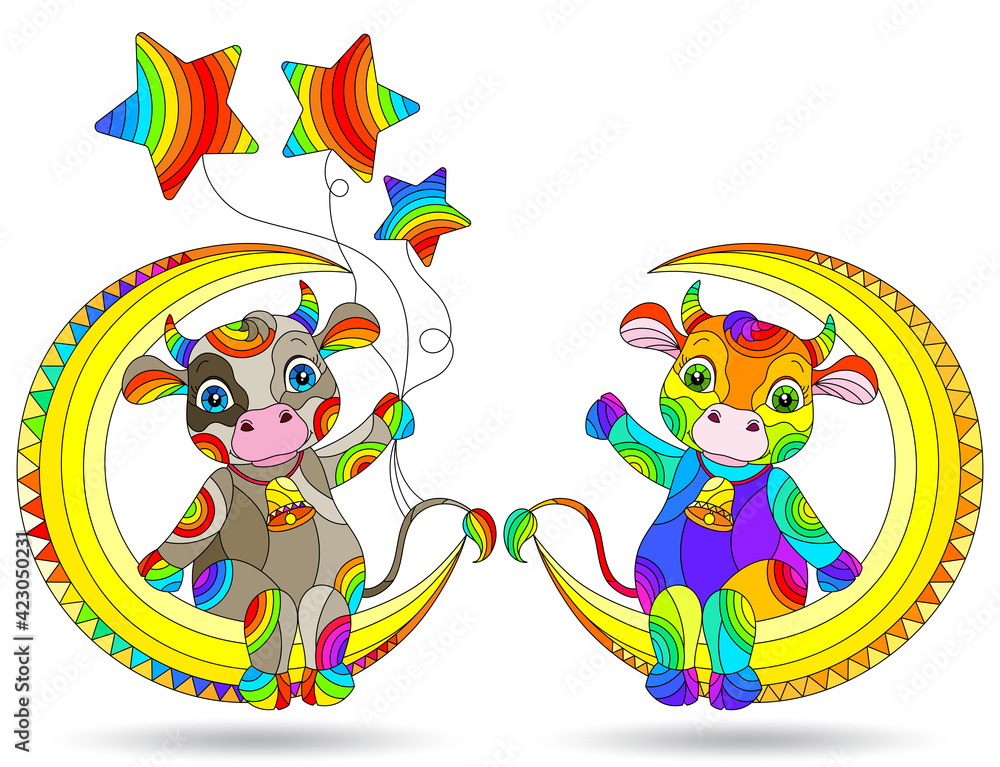 Naklejka premium Set of illustrations in a stained glass style with cute cartoon bulls on the moon, animals isolated on a white background