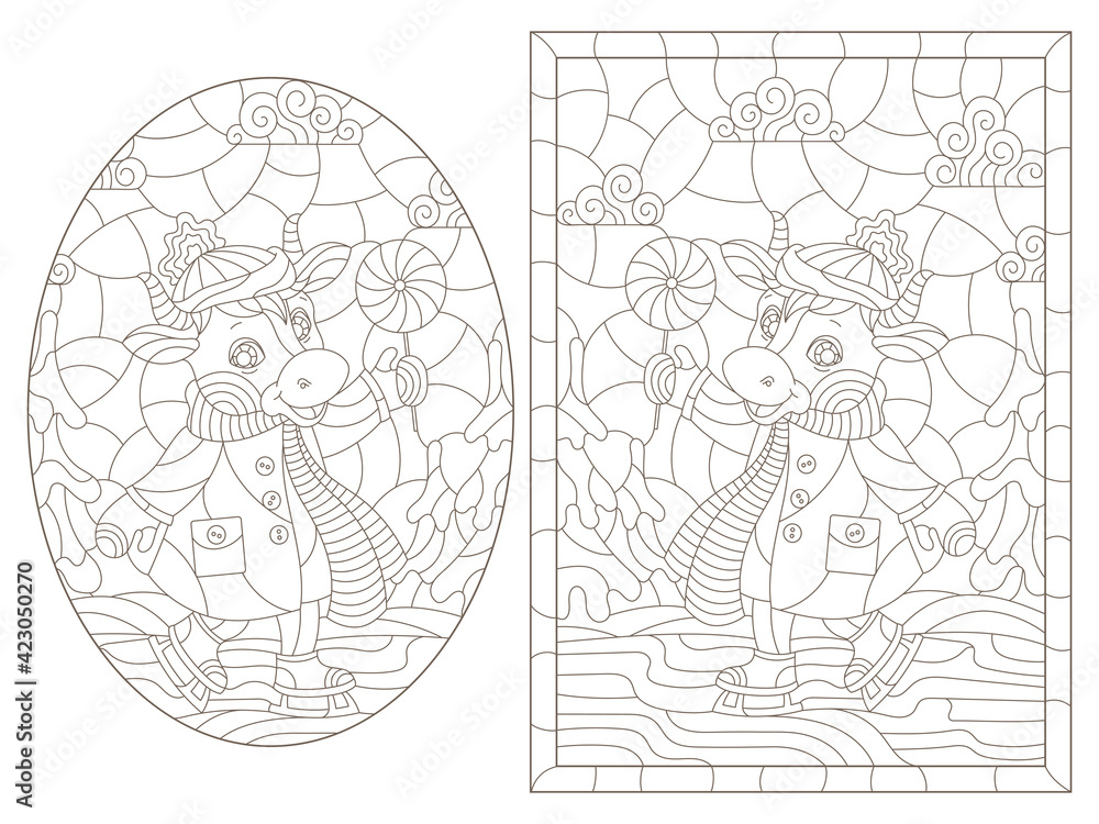 A set of contour illustrations in a stained glass style with cute cartoon cows on a  ice skating, dark outlines on a white background