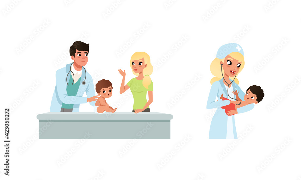 Man and Woman Pediatrician or Medical Doctor Performing Baby Checkup and Examination Vector Set Man and Woman Pediatrician or Medical Doctor Performing Baby Checkup and Examination Vector Set