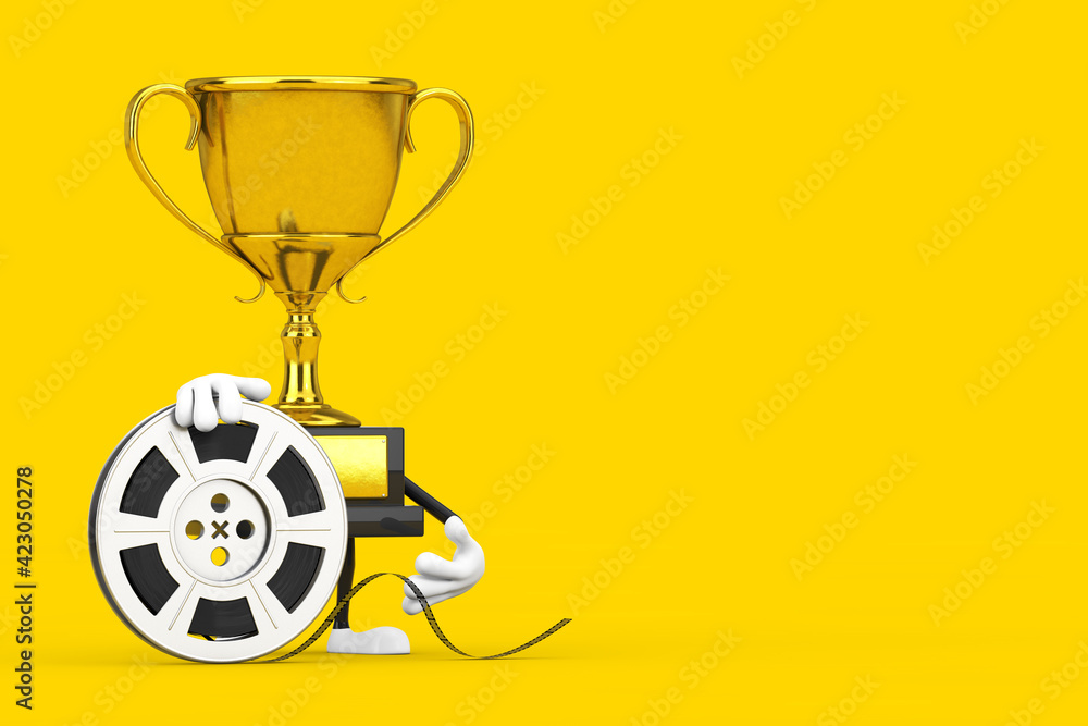 Obraz premium Golden Award Winner Trophy Mascot Person Character with Film Reel Cinema Tape. 3d Rendering