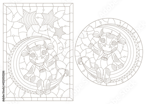 Set of contour illustrations in a stained glass style with cartoon cute cows on the moon, dark outlines on a white background