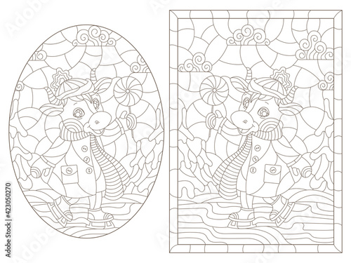 A set of contour illustrations in a stained glass style with cute cartoon cows on a  ice skating, dark outlines on a white background