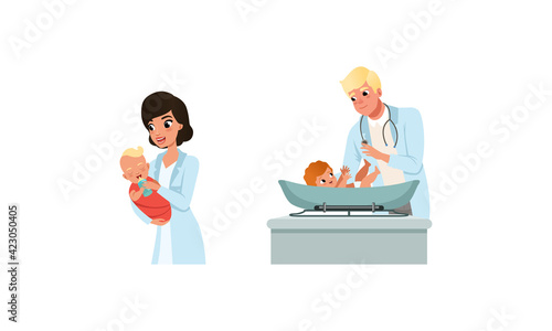 Man and Woman Pediatrician or Medical Doctor Performing Baby Checkup and Examination Vector Set