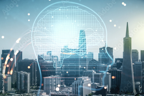 Double exposure of creative artificial Intelligence hologram on San Francisco city skyscrapers background. Neural networks and machine learning concept