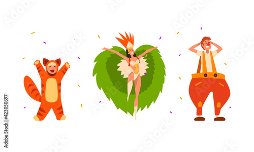 People Characters Wearing Carnival or Masquerade Costumes Vector Illustration Set