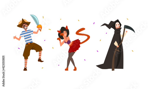 People Characters Wearing Carnival or Masquerade Costumes Vector Illustration Set