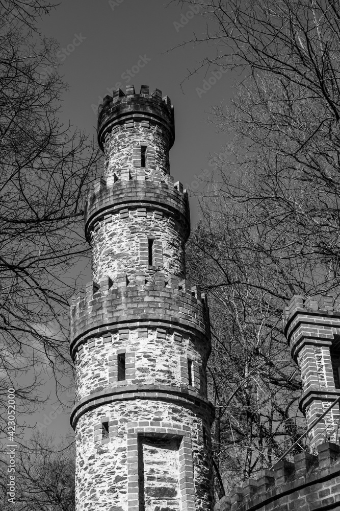 Obraz premium Vendée, France; February 26, 2021: black and white photo of one of the towers of the rosary and its tower of the sanctuary of la salette, sacred buildings located in La Rabatelière.