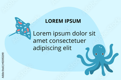 Background for text descriptions with sea animals - rump fish and octopus. Vector template for banners, web, flyers, etc