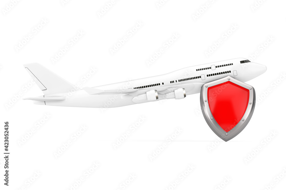 Aircraft Maintenance and Safety Concept. White Jet Passengers Airplane with Red Metal Protection Shield. 3d Rendering - obrazy, fototapety, plakaty 