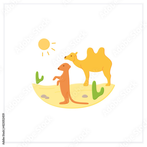 Desert flat icon. Camel and suricat on desert landscape. Cactus, sun, summer. Wild nature, animals. Biodiversity concept. 3d vector illustration