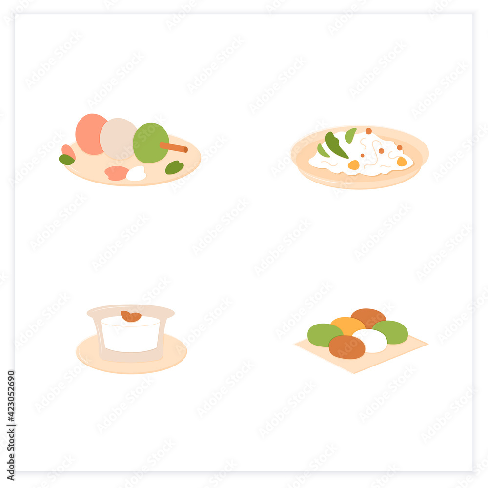 Japanese food flat icons. Spring delicates. Botamochi, almond tofu, chirashizushi and sanshoku. Tradition meal. Vector illustrations Japanese food flat icons. Spring delicates. Botamochi, almond tofu, chirashizushi and sanshoku. Tradition meal. Vector illustrations