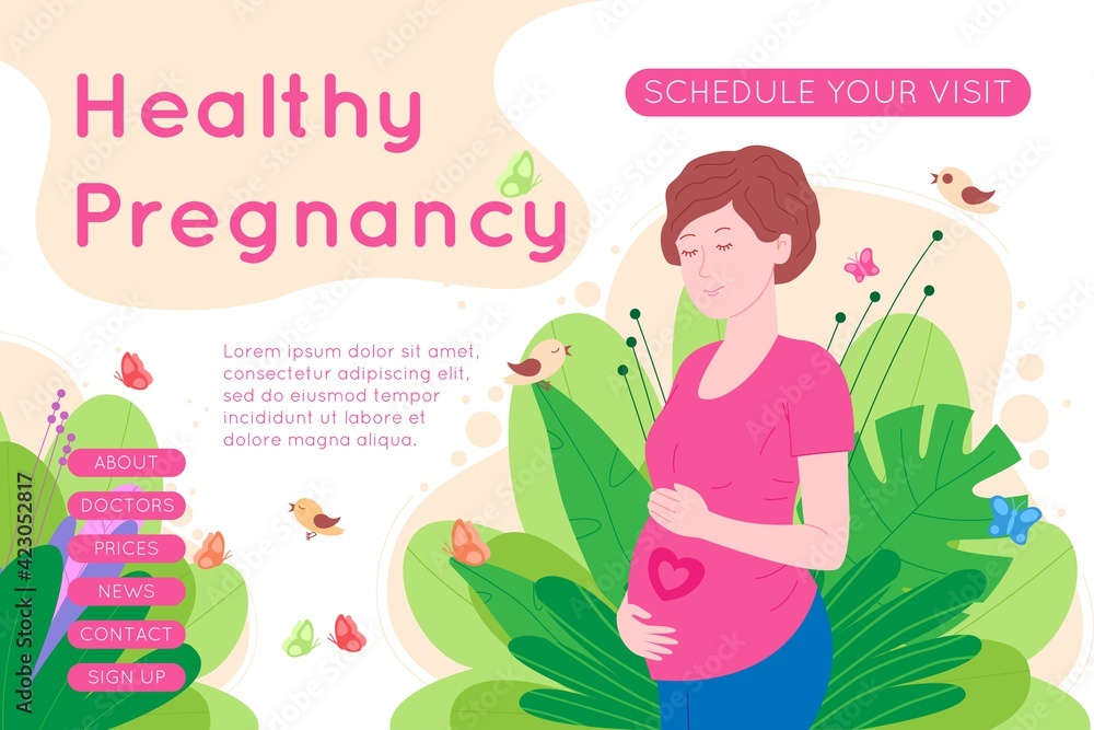 Pregnancy, motherhood concept banner. Pregnant and happy beautiful young woman holds her belly, which depicts a heart as a symbol of a baby in the womb. Flat cartoon vector illustration. Pregnancy, motherhood concept banner. Pregnant and happy beautiful young woman holds her belly, which depicts a heart as a symbol of a baby in the womb. Flat cartoon vector illustration.