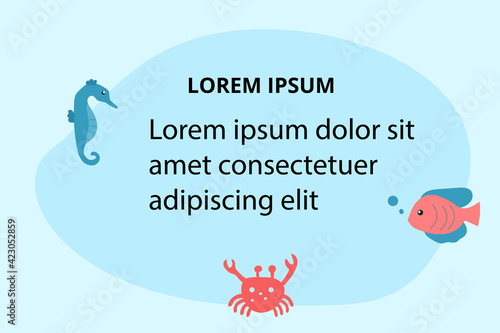 Background for text descriptions with sea animals - seahorse, crab and fishes. Vector template for banners, web, flyers, etc