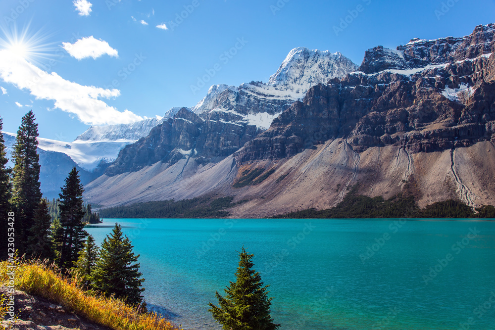 Glacial lake with azure clear water