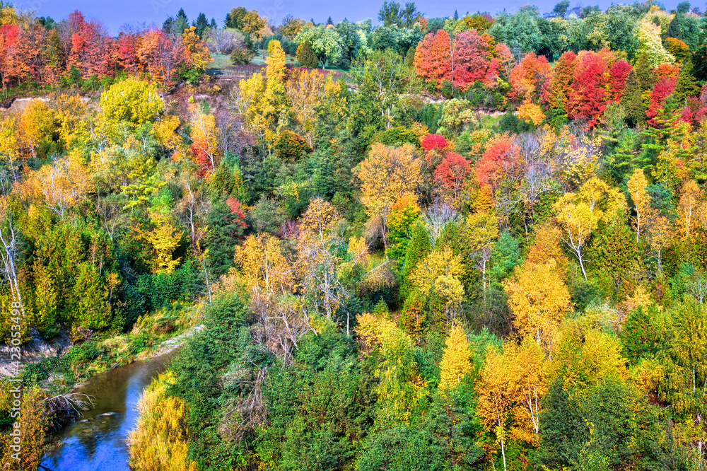 Aerial view of Rouge River Valley with autumn leaf color, Ontario, Canada