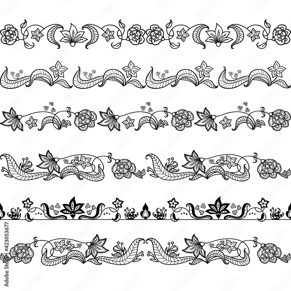 Floral black and white seamless border with floral style. Set of cute decorative elements for frame, can use for wedding invitations and birthday cards Floral black and white seamless border with floral style. Set of cute decorative elements for frame, can use for wedding invitations and birthday cards