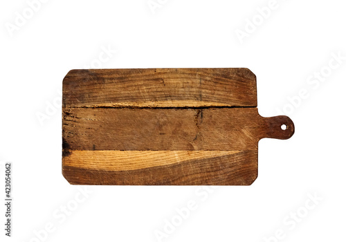 Old wooden cutting board isolated on white background