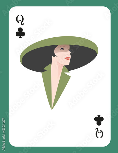 Queen of Clubs. Elegant girl in the style of the 50s, wearing a big hat, isolated on white background