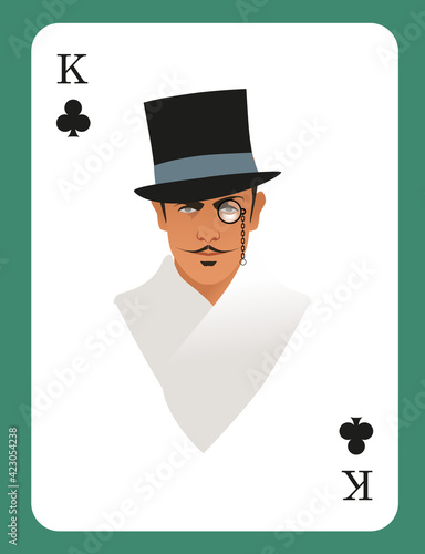 King of Clubs. Elegant gentleman wearing top hat, monocle and mustache in retro style, isolated on white background