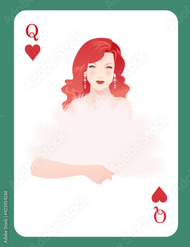 Queen of Hearts. Beautiful and sexy redhead lady Burlesque style wearing a fan of feathers