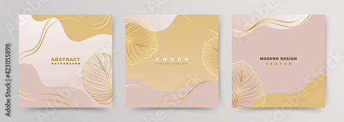 Set of square covers with luxury elegant minimalist backgrounds. Social media stories and post templates. Greeting card and invitation. Vector floral shapes, gold on pink beige background.