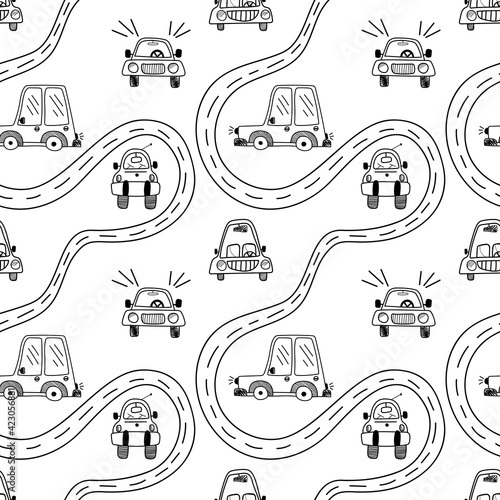 Vector seamless pattern with a variety of cute cars and a road on a doodle-style white background Children's illustration for pajamas, children's room, wallpaper, postcards, holidays