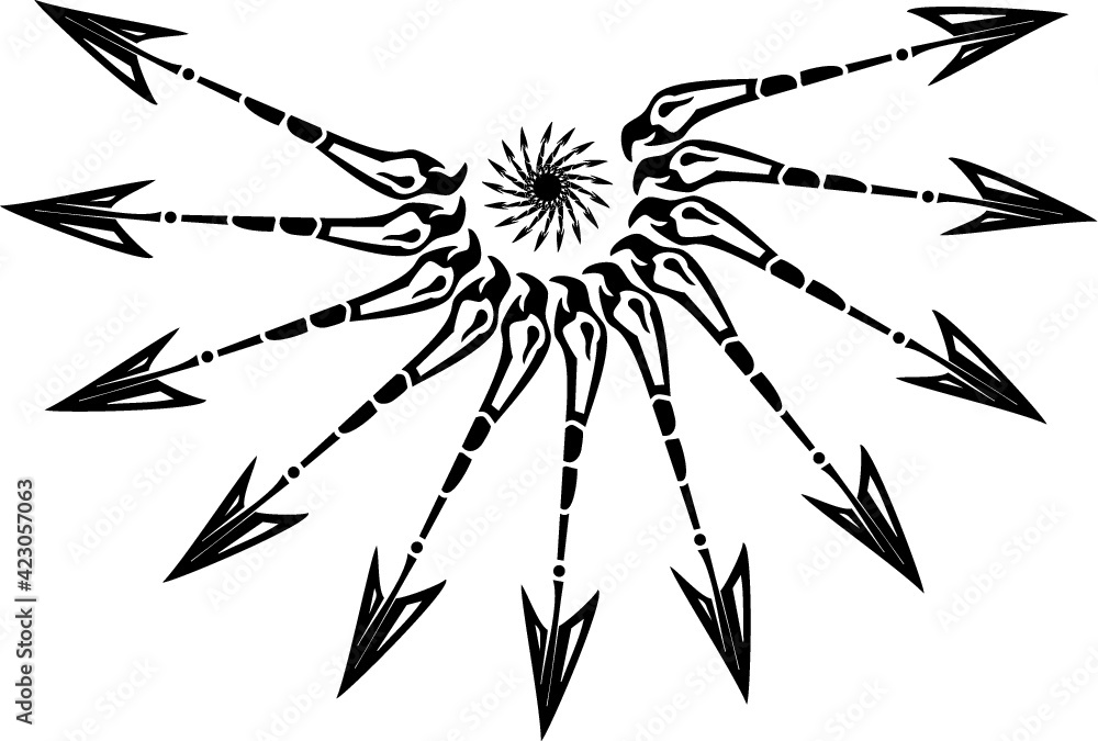 Obraz premium Abstract arch from eagle heads with arrows elements. Arrows in the form of a semicircle formed by the heads of an eagle in the tribal style for tattoos, prints, embroidery, engraving, web icons, etc.