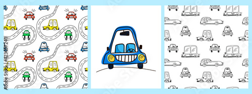 A set of vector patterns and a poster with colorful cute cars on a doodle-style white background. Children's illustration for pajamas, children's room, wallpaper, postcards, holidays