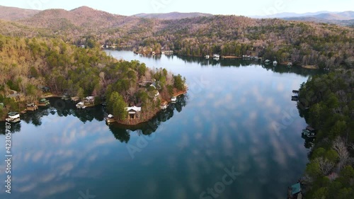 Lake Rabun, Georgia, USA, Aerial View of Lake Dam and retention wall reflective lake water with trees, homes and roads, Rabun County, GA, USA