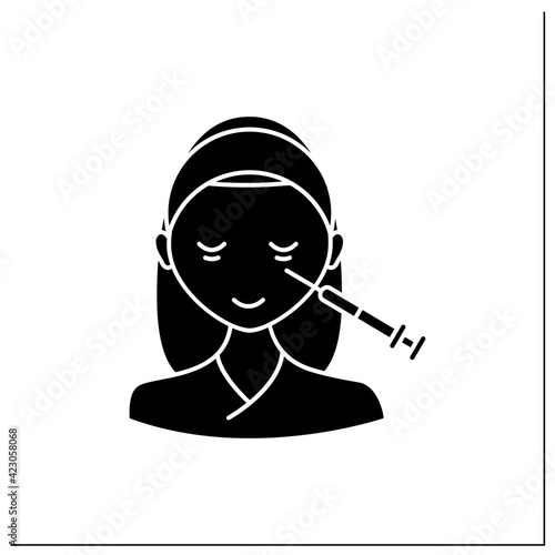Cosmetic injection glyph icon.Woman doing injection under eyes, around eyes. Surgery. Full syringe. Beauty cosmetic procedure concept.Filled flat sign. Isolated silhouette vector illustration