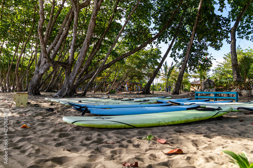 Playa Encuentro with surfboards in the sand under Trees