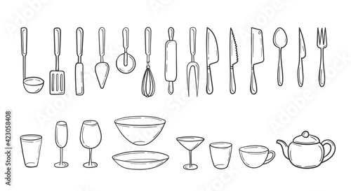 Set of kitchen cutlery in a hand-drawn sketch. Cooking utensils in doodle style. Household tools, utensils, glasses, plates, cutlery. Clip art collection. isolated on white vector illustration