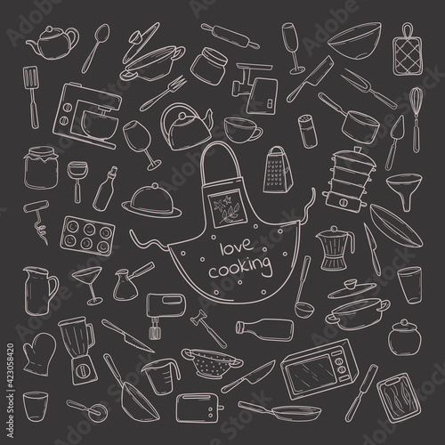 Leinwand Poster Clip art collection of kitchen utensils in a hand-drawn sketch on blackboard