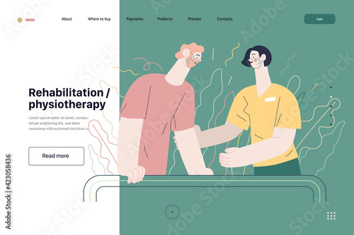 Medical insurance illustration - rehabilitation and physiotherapy. Flat vector