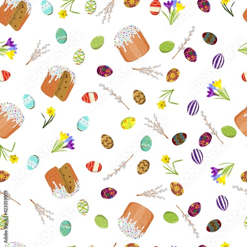 Happy Easter. Seamless background of Easter cake and colorful Easter eggs with pattern, pussy-willow and yellow daffodils and crocus. Spring holiday. Vector illustration isolated on white background