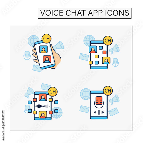 Wallpaper Mural Drop in audio app color icons set. Communication application with friends.Voice messaging, chat. Voice communication concept. Isolated vector illustrations Torontodigital.ca