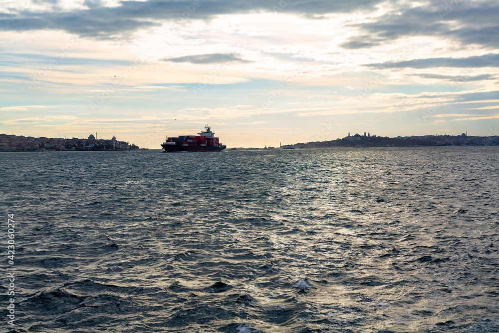 Obraz premium A cargo ship passes through the Bosphorus Strait in Turkey