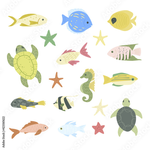 Collection of marine life - fish  sea turtles and starfish. Nature under water. Flat design  vector illustration