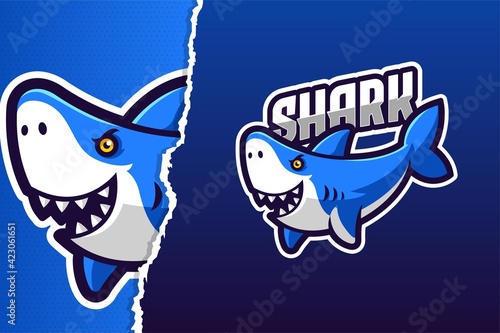 Wild Blue Shark Mascot Game Logo Template photo