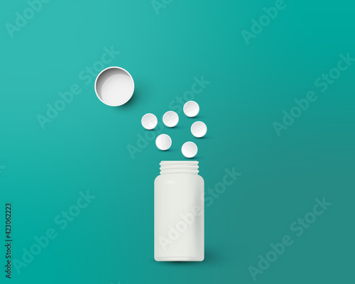 Bottle and scattered pills on color background.