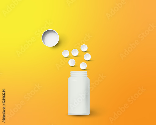 Bottle and scattered pills on color background.
