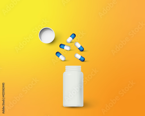 Bottle and scattered pills on color background.