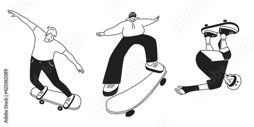 A team of skateboarders performing stunts. Jumping and somersault guys with skates. Street skateboarding. Black and white characters set. Flat style vector design illustrations.