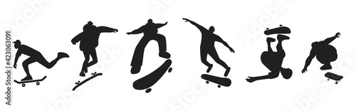 A set of skateboarders silhouettes performing stunts. Collection of jumping and somersault guys with skates. Street skateboarding. Graphic vector design illustrations.